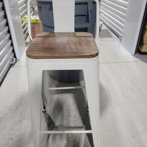 White Metal Bar Stool with Wooden Seat